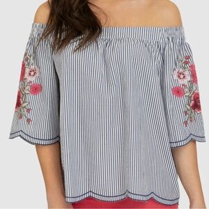 Tribal Jeans Striped Off-Shoulder Top with Floral Embroidery - Size: Medium